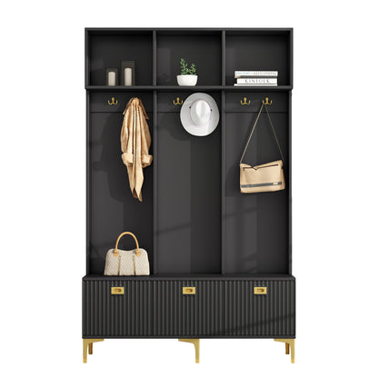 Garderoben-Set mit Sitzbank, Schuhschrank & goldenen Details, Flurbaum aus Metall & Spanplatte, Schwarz, 120x191,5x23,5 cm