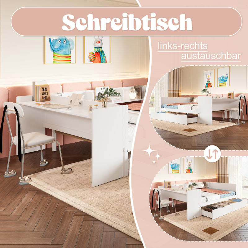 Flachbett, Holzbett, 140x200cm, mit Schreibtisch, ausgestattet mit 2 Schubladen, Doppelbett(Ohne Matratze), mit Regalen, Kiefer + Spanplatte, weiß