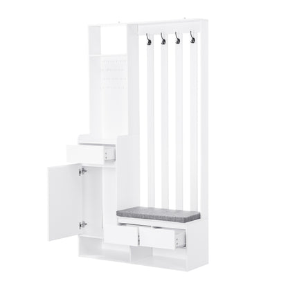 Flurgarderobe mit gepolsterter Aufbewahrungsbank, multifunktionaler Flur-Schuhschrank mit Stecktafel, moderne Garderobe mit 4 Haken für Eingangsbereich, Waschküche, Weiß,H180/B100/T35 cm