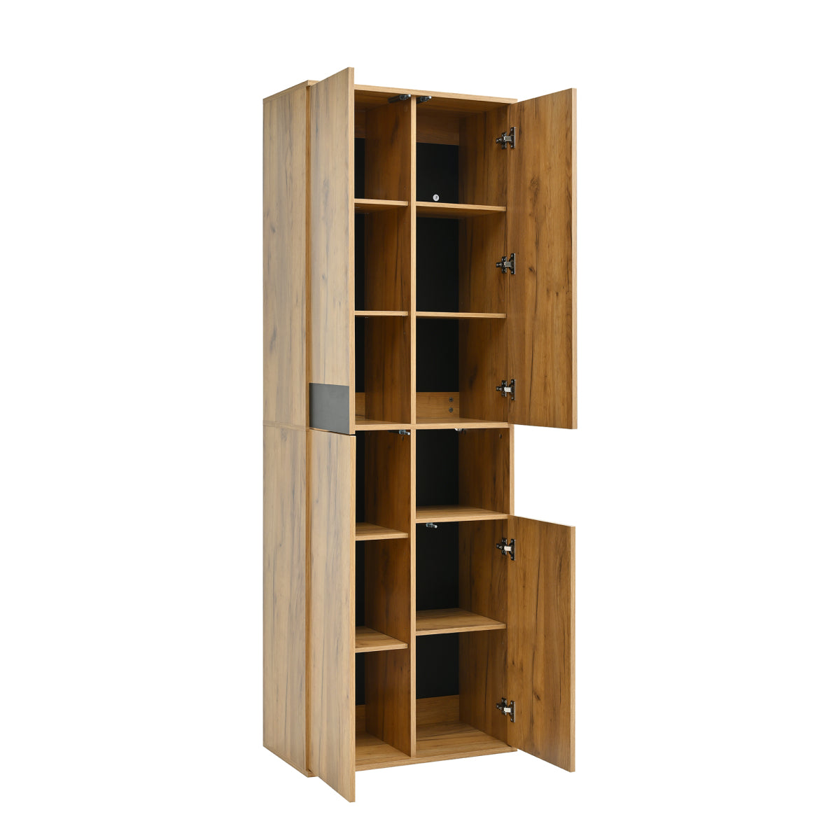 Hochschrank Schwarz/Natur 65x35x190 cm mit Spiegel, 4 Türen & offenem Fach, Mehrzweckschrank mit Stauraum