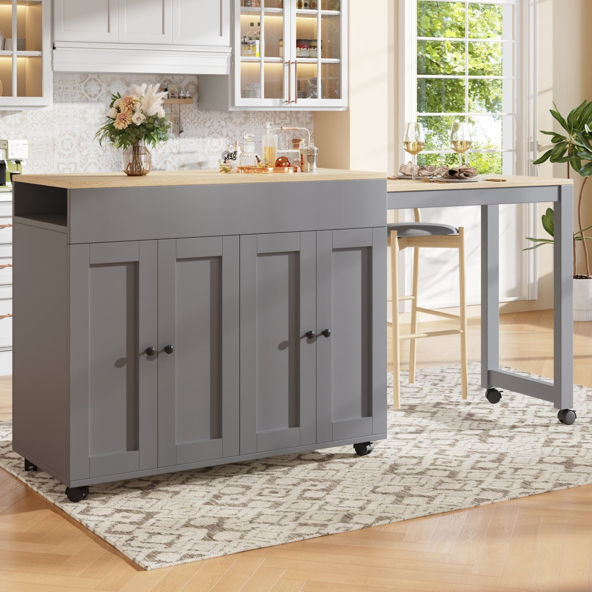 Ausziehbarer Bartisch 118-180cm, Stehtisch mit 6 Ablagefächern, Grau