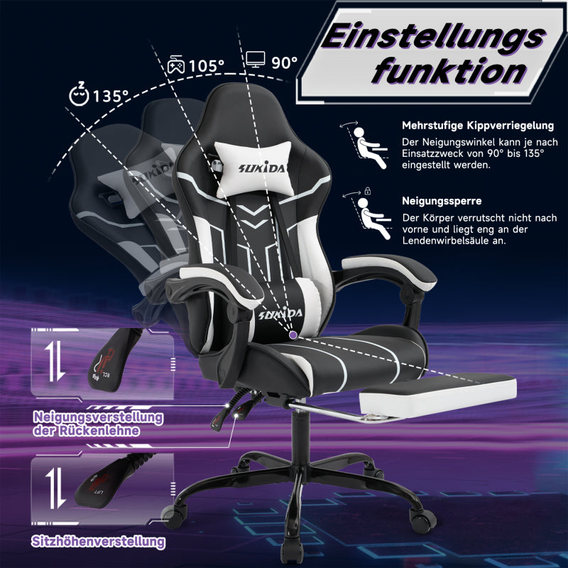 Gaming Stuhl Computerstuhl Ergonomischer Gaming Chair mit Fußstütze Bürostuhl Ergonomischer Computerstuhl mit Lendenwirbelstütze