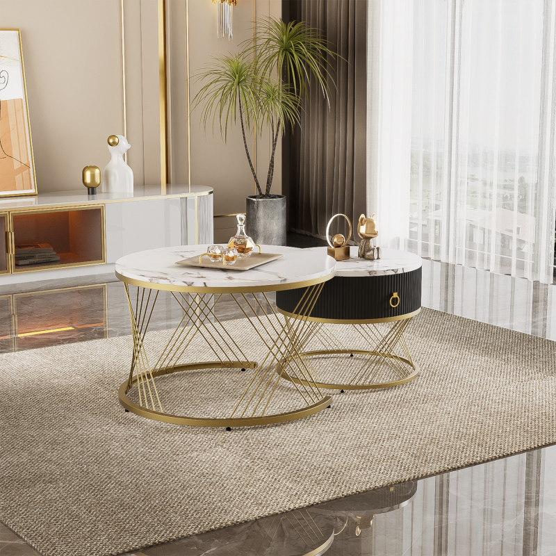 Eleganter zusammensetzbarer Couchtisch: Marmoroptik, Golddekor, Beistelltisch mit Schubladen – 2er-Set