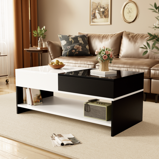 Moderner Couchtisch mit 2 Schubladen – Schwarz-Weiß-Design, Stauraum, Hochglanz-Tischplatte, 100 cm lang