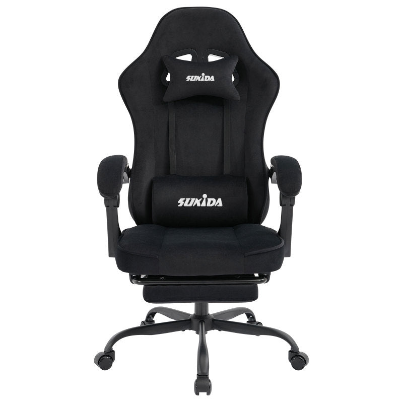 Gaming Stuhl Stoff, Ergonomischer Gaming Chair mit Fußstütze, Verstellbarer Racing Computerstuhl mit Lordosenstütze, Schwarz Ergonomisch PC-Stuhl