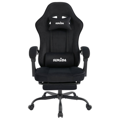 Gaming Stuhl Stoff, Ergonomischer Gaming Chair mit Fußstütze, Verstellbarer Racing Computerstuhl mit Lordosenstütze, Schwarz Ergonomisch PC-Stuhl