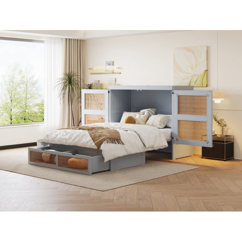 Schrankbett 140 x 200 cm, Wandbett mit Lattenrost, Wandklappbett, Rattan-Design, Holzbetten, Jugendbetten, Einzelbetten, Grau