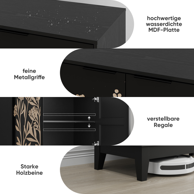 Vintage Buffetschrank mit Schnitzerei, 2 Türen & verstellbaren Regalen – Holz Sideboard für Wohnzimmer, Küche & Esszimmer, Schwarz