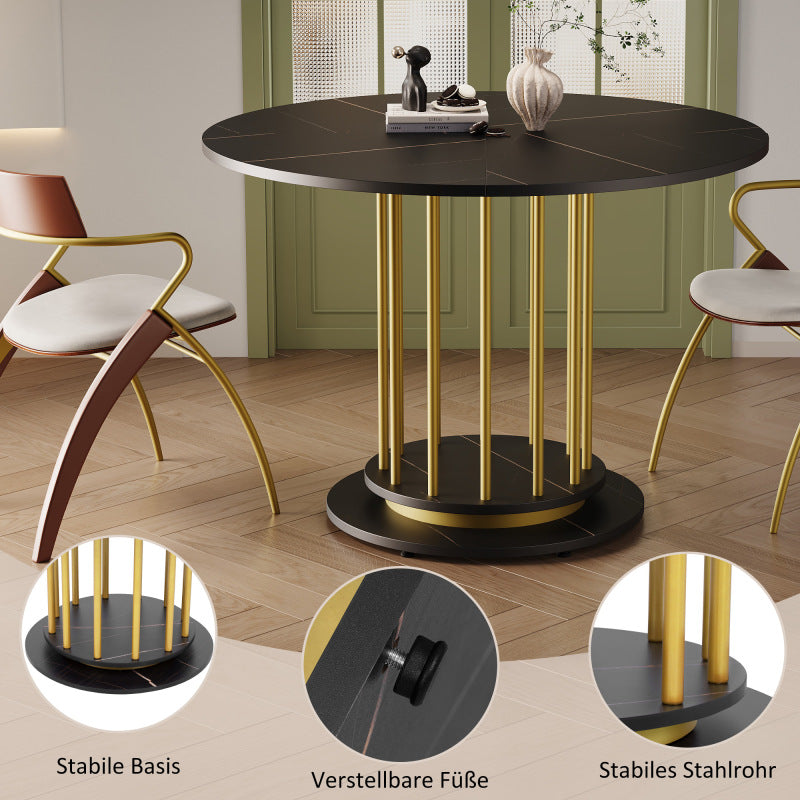Runder Esstisch mit Marmoroptik Modernes Design mit Metallgestell, Schwarz+Gold