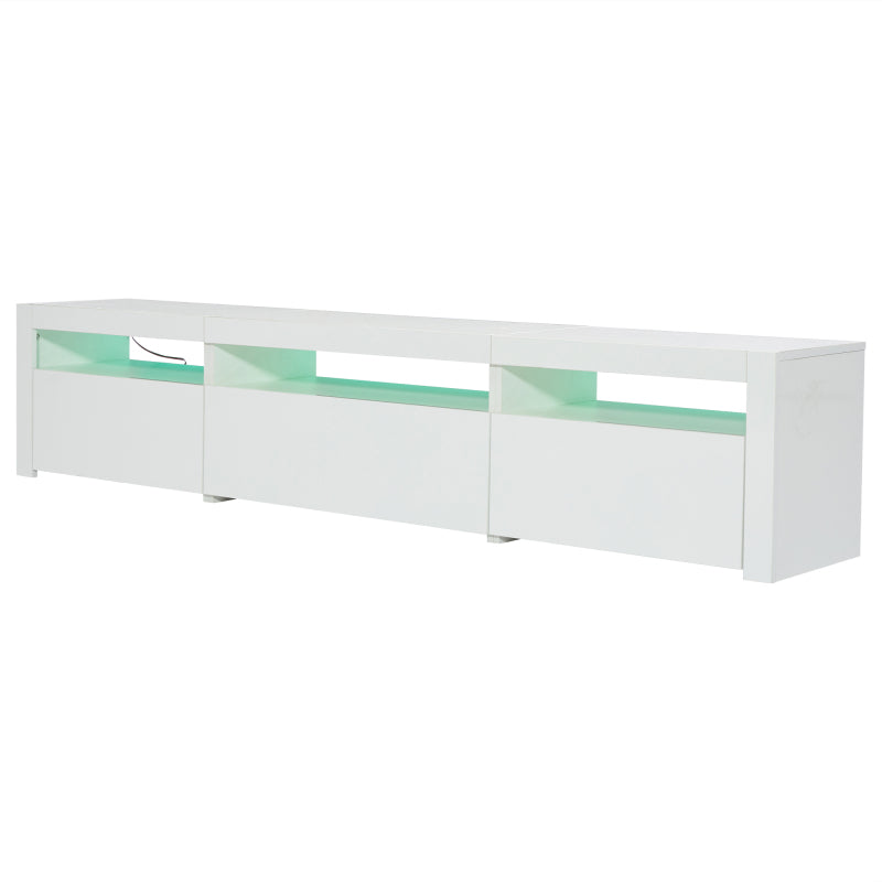 Weißer Hochglanz-TV-Schrank mit LED-Beleuchtung und Stauraum, weißes niedriges Paneel, bietet Platz für 80-Zoll-Fernseher, TV-Unterschrank mit herunterklappbarer Schranktür, 190 x 24 x 40 cm