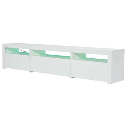 Weißer Hochglanz-TV-Schrank mit LED-Beleuchtung und Stauraum, weißes niedriges Paneel, bietet Platz für 80-Zoll-Fernseher, TV-Unterschrank mit herunterklappbarer Schranktür, 190 x 24 x 40 cm