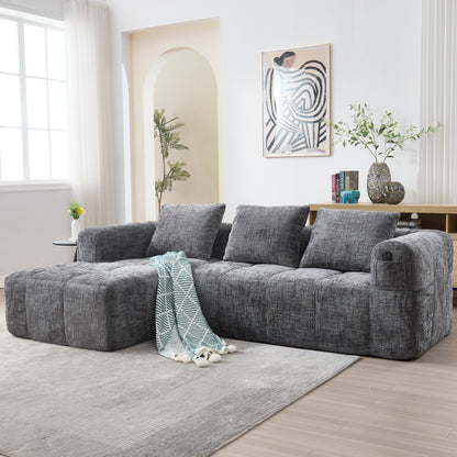 Modernes Sektionssofa, L-Sofa, 3-Sitzer-Sofa, keine Installation erforderlich, Chenille-Sofa mit Chaiselongue und Armlehnen, 3 Kissen, Seitentasche für Fernbedienung, Grau