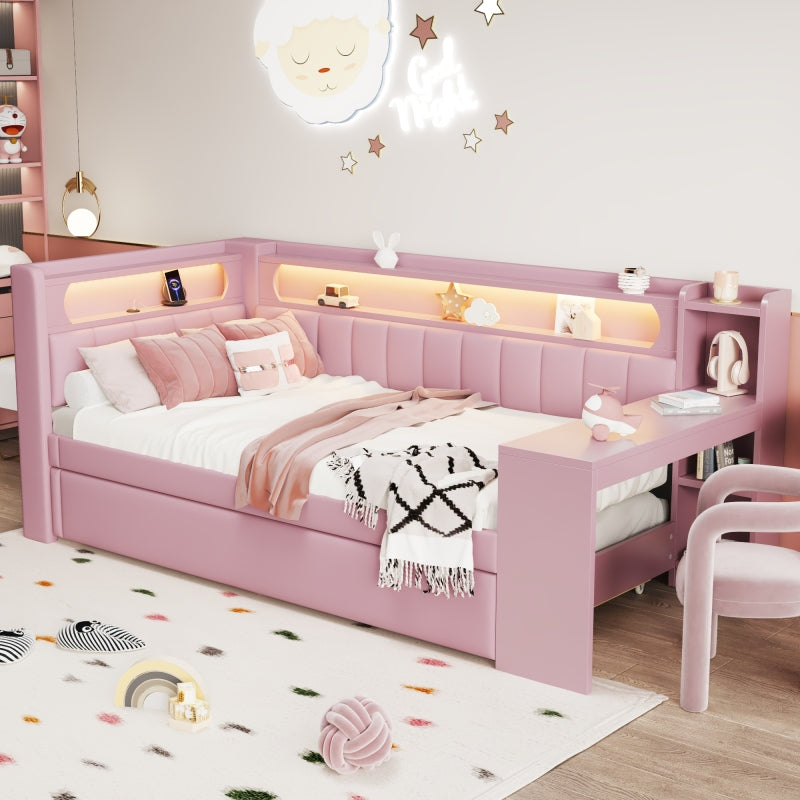 Gepolstertes 90x200 Tagesbett mit USB-Anschlüssen und LED-Gürtel, mit Ausziehbett und Schreibtisch, Rosa