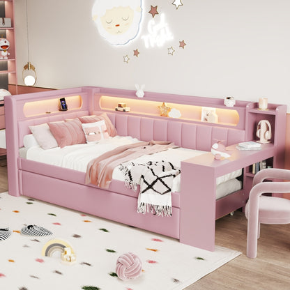 Gepolstertes 90x200 Tagesbett mit USB-Anschlüssen und LED-Gürtel, mit Ausziehbett und Schreibtisch, Rosa
