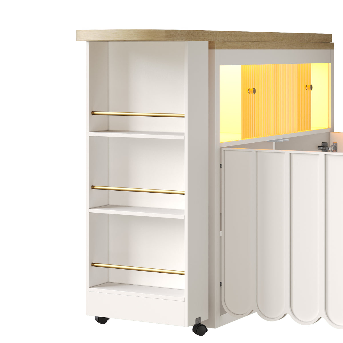 Ausziehbarer Bartisch 135-205cm mit LED & USB, Mobiler Hochtisch Weiß, Teleskop-Kücheninsel mit Glas-Schiebetür & Soft-Close, Gestreift