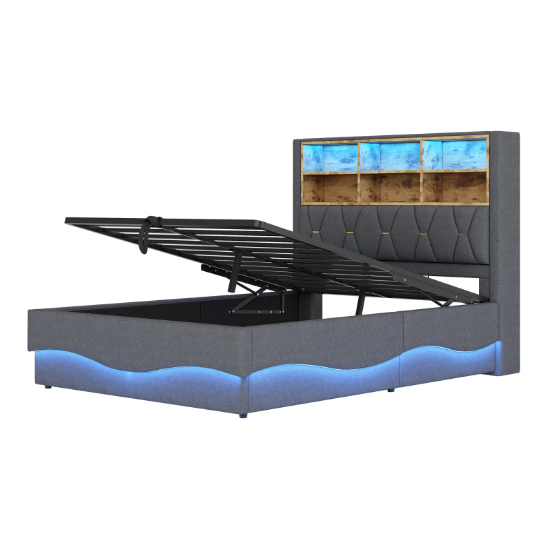 Polsterbett 140×200  mit hydraulischem Stauraum APP-gesteuertes LED-Lichtband USB-Ladeanschluss Metall-Lattenrost Leinenpolsterung Grau