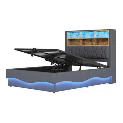 Polsterbett 140×200  mit hydraulischem Stauraum APP-gesteuertes LED-Lichtband USB-Ladeanschluss Metall-Lattenrost Leinenpolsterung Grau