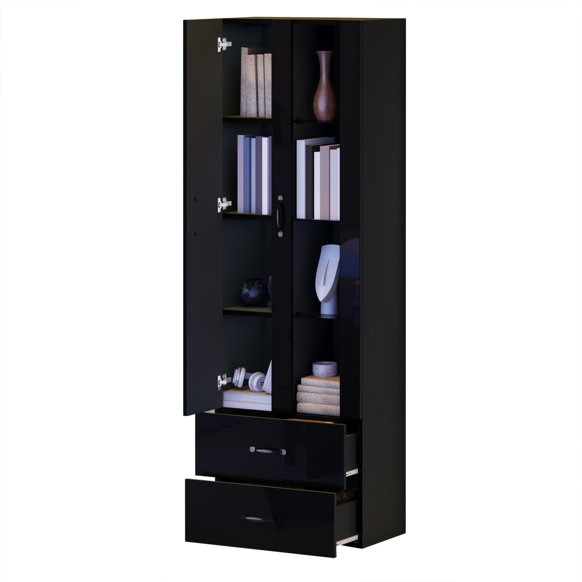 Schwarze LED-Vitrine mit 2 Glastüren - Standvitrine inkl. Beleuchtung, Freistehender Schrank für Wohnzimmer, Buffetschrank & Sammlervitrine, Schwarz