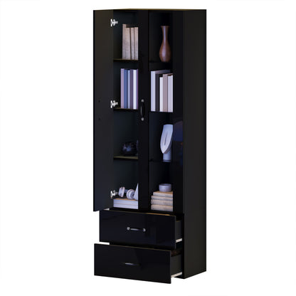 Schwarze LED-Vitrine mit 2 Glastüren - Standvitrine inkl. Beleuchtung, Freistehender Schrank für Wohnzimmer, Buffetschrank & Sammlervitrine, Schwarz