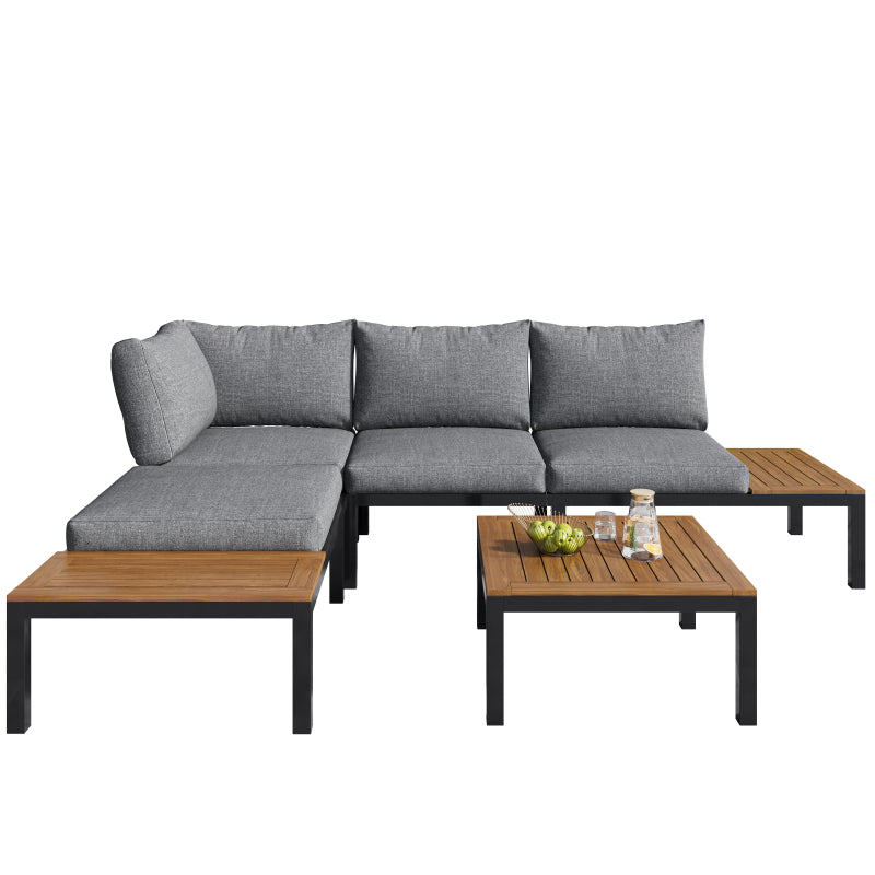 Garten-Lounge-Set (2 Zweisitzer, 2 Beistelltische, 1 Tisch), Tischplatte aus massiver Akazie, Stoffbezug für Rückenlehne, grau(previous sku:HW00005AAE)
