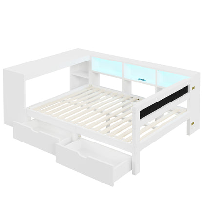 140x200 Holz-Plattformbett mit Ablageflächen, Schubladen, Ladestation und gepolstertem Kopfteil, Mit bunten LED-Leuchten, Weiß