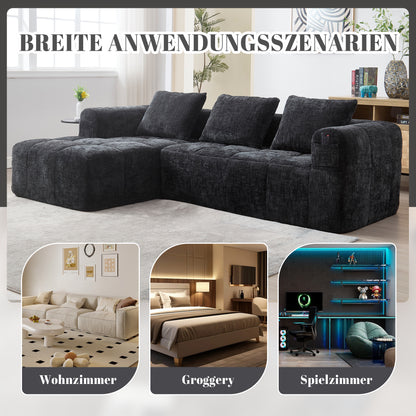 Modernes Sektionssofa, L-Sofa, 3-Sitzer-Sofa, keine Installation erforderlich, Chenille-Sofa mit Chaiselongue und Armlehnen, 3 Kissen, Seitentasche für Fernbedienung, Schwarz