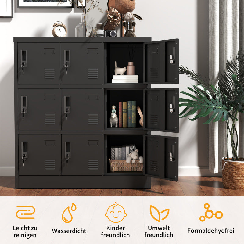 9-Türige Metall-Schränke für Büro, Fitnessstudio, Schule & Zuhause - Sicherer Aufbewahrungsschrank mit Kartenfach (Schwarz), H 100 cm × B 90 cm × T 40 cm