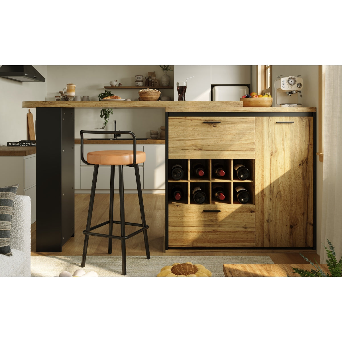 Ausziehbarer Bartisch 138-220cm Küchentisch mit Weinregal & 2 Schubladen, Stehtisch Natur Holzoptik, Multifunktionale Kücheninsel
