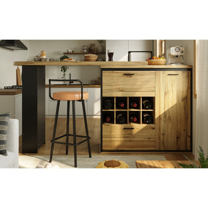 Ausziehbarer Bartisch 138-220cm Küchentisch mit Weinregal & 2 Schubladen, Stehtisch Natur Holzoptik, Multifunktionale Kücheninsel