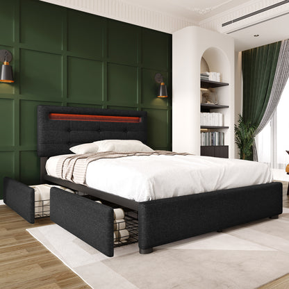 Polsterbett 90x200 cm Schwarz mit LED & 2 Schubladen - Einzelbett inkl. Lattenrost, Verstellbares Kopfteil & Stauraum (Ohne Matratze)