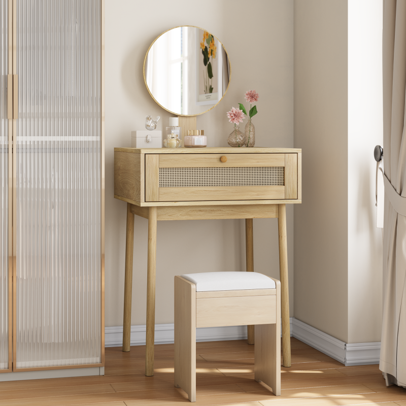 Ein Rattan Schminktisch mit Spiegel, ein kompakter Schminktisch im Schlafzimmer und ein niedlicher Schminktisch für kleine Räume geeignet,(Ohne Stühle)