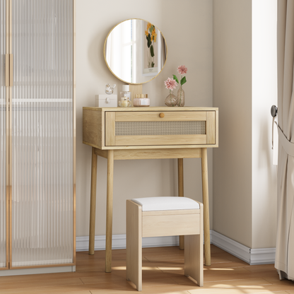 Ein Rattan Schminktisch mit Spiegel, ein kompakter Schminktisch im Schlafzimmer und ein niedlicher Schminktisch für kleine Räume geeignet,(Ohne Stühle)