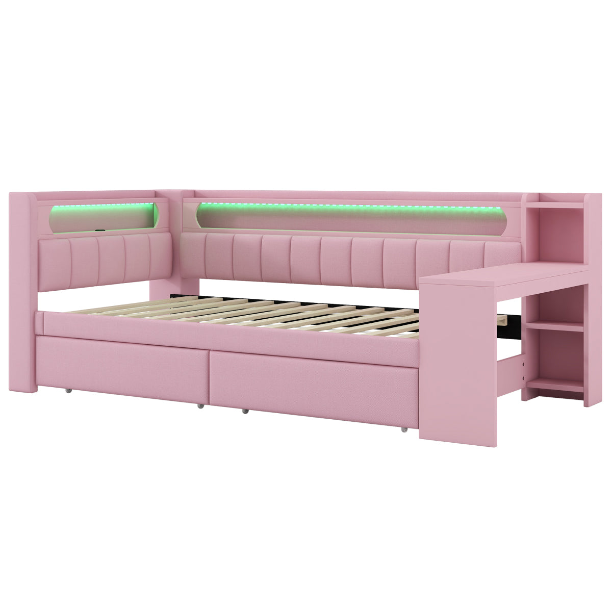Daybed 90x200, Rosa, USB, LED-Beleuchtung, Schreibtisch & 2 Schubladen