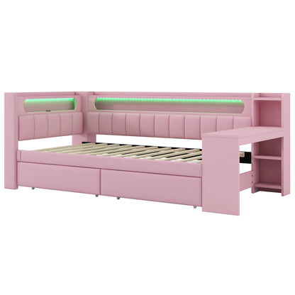 Daybed 90x200, Rosa, USB, LED-Beleuchtung, Schreibtisch & 2 Schubladen