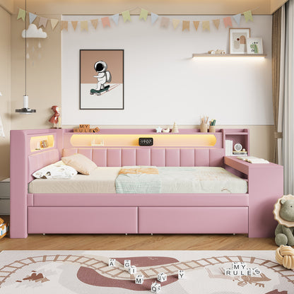Daybed 90x200, Rosa, USB, LED-Beleuchtung, Schreibtisch & 2 Schubladen