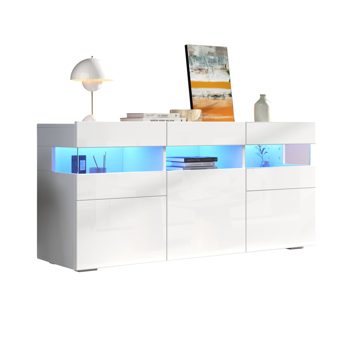 Sideboard 140 cm, Hochglanz Weiß, LED-Beleuchtung (App-Steuerung), 3 Türen