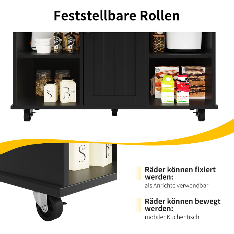 Moderne Kücheninsel (127×46×91,5cm) Küchenschrank Essschrank mit Holzmaserung Esswagen mit multifunktionalem Stauraum und herausnehmbaren Trennwänden, schwarz