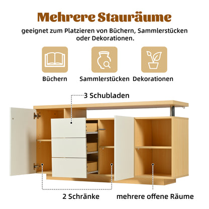 Multifunktionales Sideboard, Länge 140 cm, weiß und Holzimitat - 2 Türen, 3 Schubladen, 2 offene Fächer, mit LED-Beleuchtung