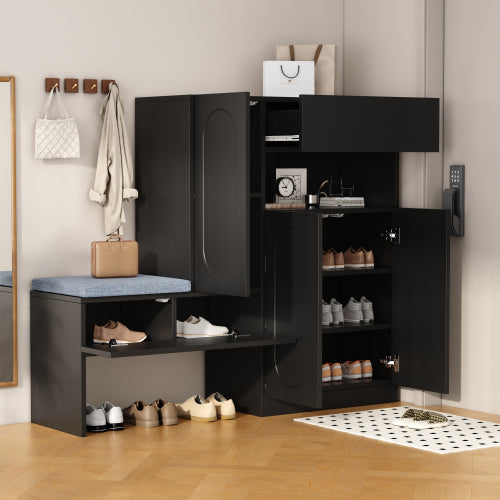 Schuhschrank mit Sitzbank 130 cm Schwarz, Schuhkommode mit Rillendekor