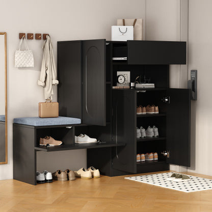 Schuhschrank mit Sitzbank 130 cm Schwarz, Schuhkommode mit Rillendekor
