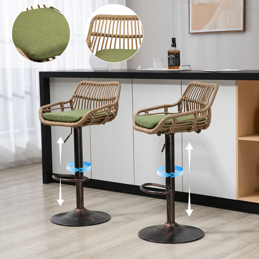 360 Grad drehbare, höhenverstellbare Barhocker aus Rattan, Set mit zwei modernen Barhockern, geeignet für Küchen, Esszimmer und Bars.(Grün)
