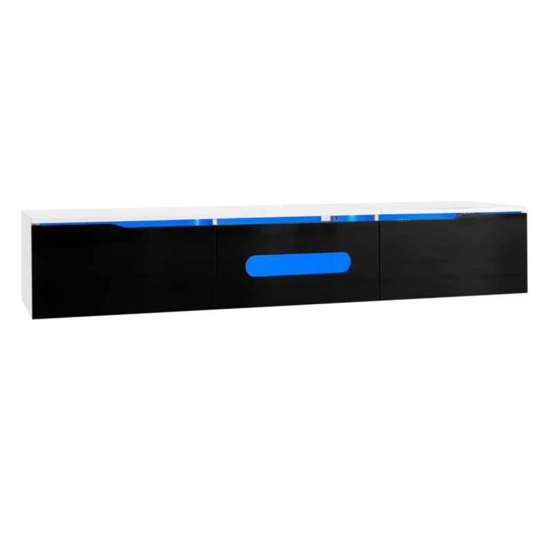 Schwarz-weißer TV-Schrank, 180 cm lang, Hochglanzoberfläche, mit 16-farbiger LED-Beleuchtung, wandmontierbar