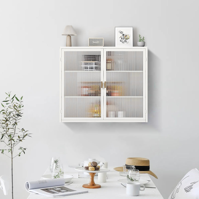 70CM Glastüren Moderner zweitüriger Wandschrank mit dreistufiger Lagerung für Eingangsbereich Wohnzimmer Badezimmer Esszimmer(White)