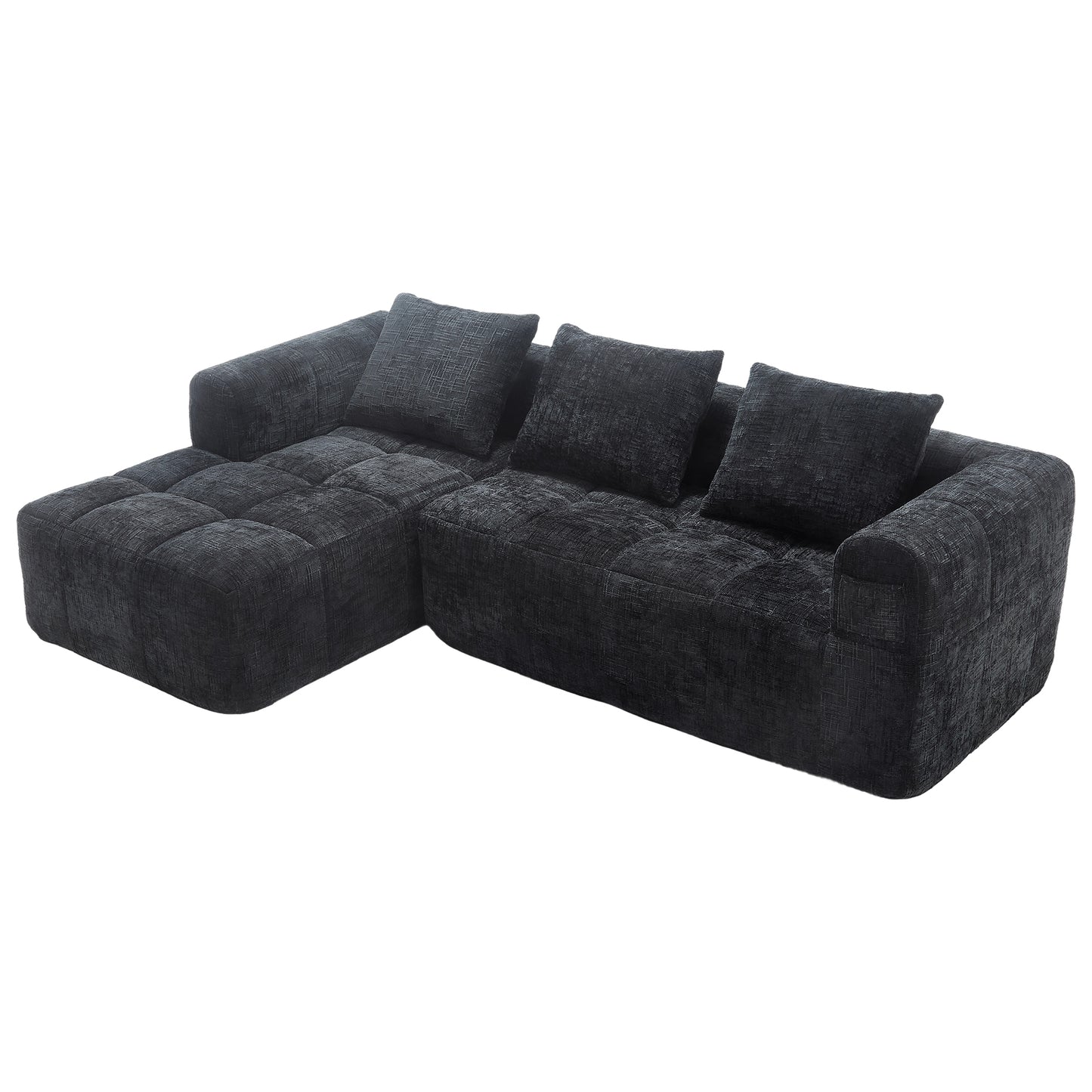Modernes Sektionssofa, L-Sofa, 3-Sitzer-Sofa, keine Installation erforderlich, Chenille-Sofa mit Chaiselongue und Armlehnen, 3 Kissen, Seitentasche für Fernbedienung, Schwarz