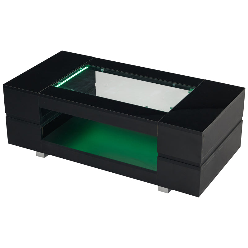 Schwarzer LED-Couchtisch mit Bluetooth-App-Steuerung, doppelschichtiger Hochglanz-Hohldesigntisch, geeignet für Partys, Büros, Wohnzimmer