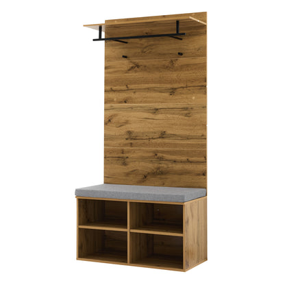 Garderobenset in Holzoptik mit Schuhbank, verstellbarem Regal, Kleiderstange und Polster, Praktische Flurmöbel