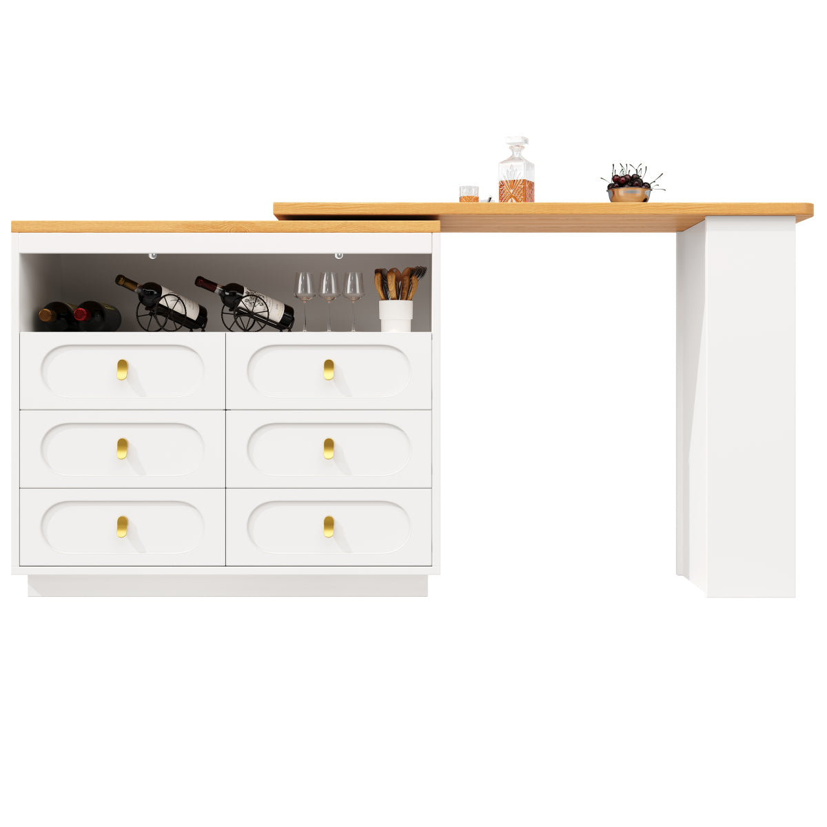 Bartisch ausziehbar 138-203cm, 360° drehbarer Stehtisch mit 6 Schubladen & Snack-Regal, moderner Küchentisch, Schreibtisch & Bar, Weiß