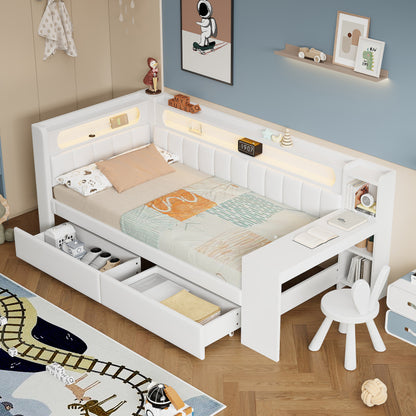 Gepolstertes 90x200 Daybed mit USB-Anschlüssen und LED-Gürtel, mit Schreibtisch und 2 Schubladen, weiß