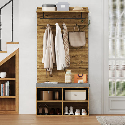 Garderobenset in Holzoptik mit Schuhbank, verstellbarem Regal, Kleiderstange und Polster, Praktische Flurmöbel