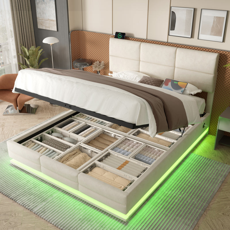 160 x 200 cm Bettgestell aus weichem Samt mit USB Type C Ladefunktion und LED Beleuchtung, Hydrauliksystem Stauraum Bettgestell aus Samtmaterial Jugendbett mit Lattenrost, Grau